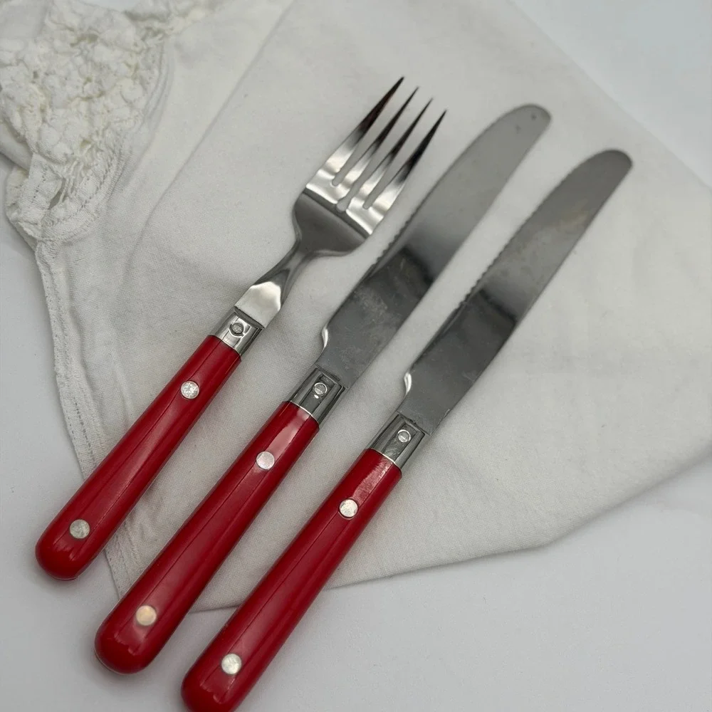 Lifetime Stainless Korea Red Riveted Handle Flatware Set 1 Fork 2 Knives Bistro